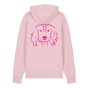Magenta outline illustration of the head of a Spaniel on the back of a cotton pink unisex Hoodie