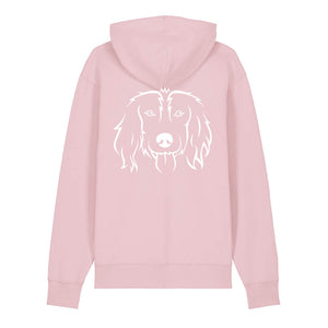 White outline illustration of the head of a Spaniel on the back of a cotton pink unisex Hoodie