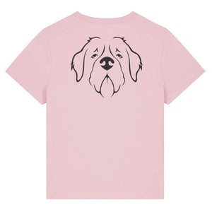 Black outline illustration of the head of a Saint Bernard on the back of a cotton pink ladies t-shirt