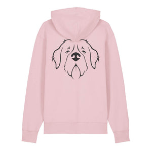 Black outline illustration of the head of a Saint Bernard on the back of a cotton pink unisex Hoodie