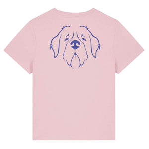 Blue outline illustration of the head of a Saint Bernard on the back of a cotton pink ladies t-shirt
