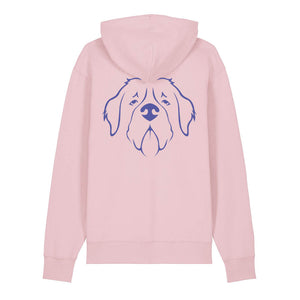 Blue outline illustration of the head of a Saint Bernard on the back of a cotton pink unisex Hoodie