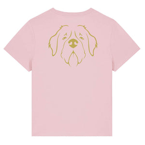 Gold outline illustration of the head of a Saint Bernard on the back of a cotton pink ladies t-shirt