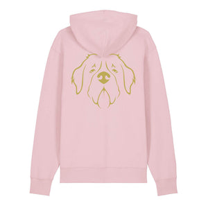 Gold outline illustration of the head of a Saint Bernard on the back of a cotton pink unisex Hoodie