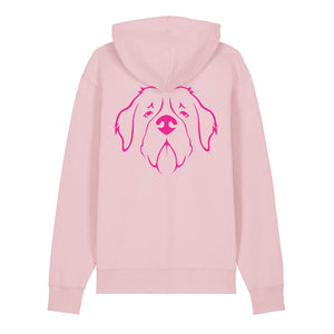 Magenta outline illustration of the head of a Saint Bernard on the back of a cotton pink unisex Hoodie