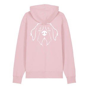 White outline illustration of the head of a Saint Bernard on the back of a cotton pink unisex Hoodie