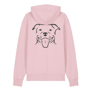 Black outline illustration of the head of a Staffordshire Bull Terrier on the back of a cotton pink unisex Hoodie