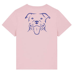 Blue outline illustration of the head of a Staffordshire Bull Terrier on the back of a cotton pink ladies t-shirt