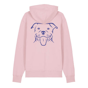 Blue outline illustration of the head of a Staffordshire Bull Terrier on the back of a cotton pink unisex Hoodie