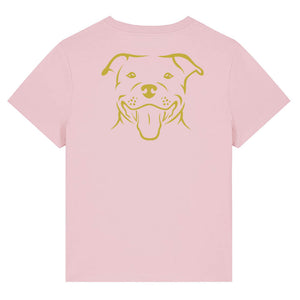 Gold outline illustration of the head of a Staffordshire Bull Terrier on the back of a cotton pink ladies t-shirt