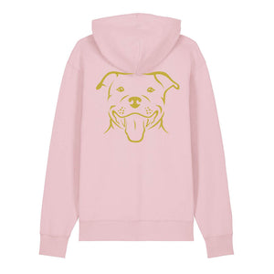 Gold outline illustration of the head of a Staffordshire Bull Terrier on the back of a cotton pink unisex Hoodie