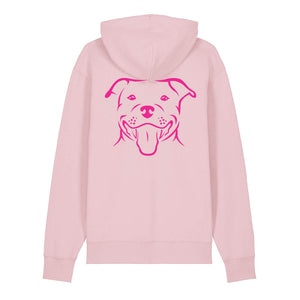 Magenta outline illustration of the head of a Staffordshire Bull Terrier on the back of a cotton pink unisex Hoodie