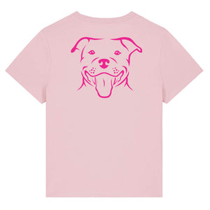 Magenta outline illustration of the head of a Staffordshire Bull Terrier on the back of a cotton pink ladies t-shirt