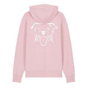 White outline illustration of the head of a Staffordshire Bull Terrier on the back of a cotton pink unisex Hoodie