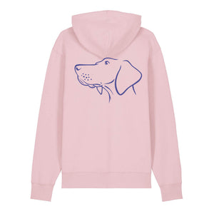 Blue outline illustration of the head of a Hungarian Vizsla on the back of a cotton pink unisex Hoodie