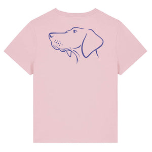 Blue outline illustration of the head of a Hungarian Vizsla on the back of a cotton pink ladies t-shirt