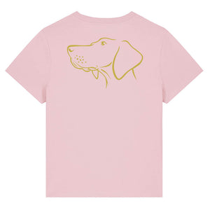 Gold outline illustration of the head of a Hungarian Vizsla on the back of a cotton pink ladies t-shirt