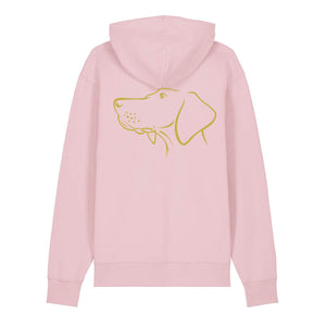 Gold outline illustration of the head of a Hungarian Vizsla on the back of a cotton pink unisex Hoodie