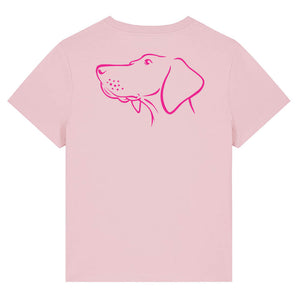 Magenta outline illustration of the head of a Hungarian Vizsla on the back of a cotton pink ladies t-shirt