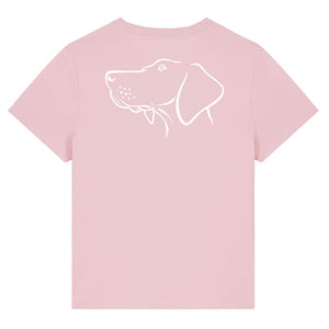 White outline illustration of the head of a Hungarian Vizsla on the back of a cotton pink ladies t-shirt