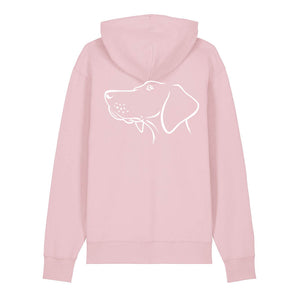 White outline illustration of the head of a Hungarian Vizsla on the back of a cotton pink unisex Hoodie