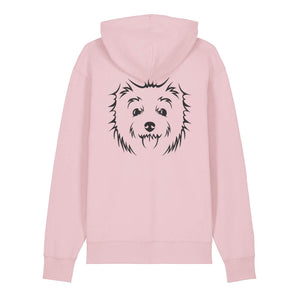 Black outline illustration of the head of a West Highland Terrier on the back of a cotton pink unisex Hoodie