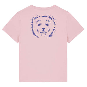 Blue outline illustration of the head of a West Highland Terrier on the back of a cotton pink ladies t-shirt