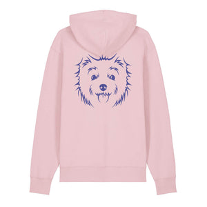 Blue outline illustration of the head of a West Highland Terrier on the back of a cotton pink unisex Hoodie