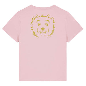 Gold outline illustration of the head of a West Highland Terrier on the back of a cotton pink ladies t-shirt