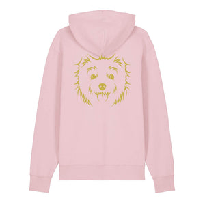 Gold outline illustration of the head of a West Highland Terrier on the back of a cotton pink unisex Hoodie