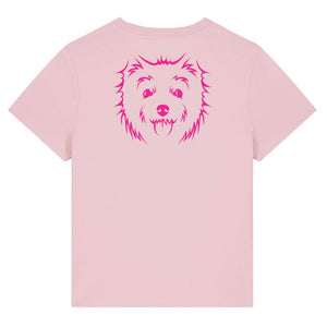 Magenta outline illustration of the head of a West Highland Terrier on the back of a cotton pink ladies t-shirt