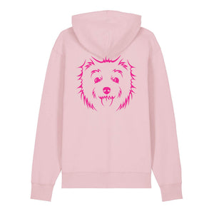 Magenta outline illustration of the head of a West Highland Terrier on the back of a cotton pink unisex Hoodie