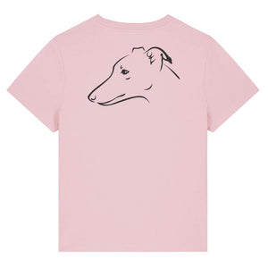 Black outline illustration of the head of a Whippet on the back of a cotton pink ladies t-shirt
