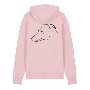 Black outline illustration of the head of a Whippet on the back of a cotton pink unisex Hoodie