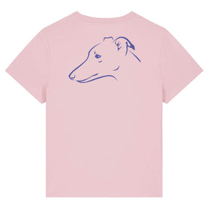 Blue outline illustration of the head of a Whippet on the back of a cotton pink ladies t-shirt