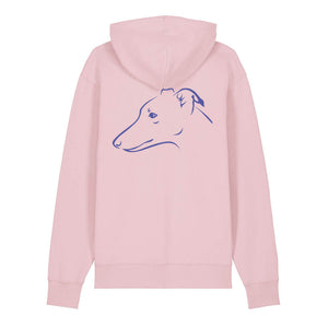 Blue outline illustration of the head of a Whippet on the back of a cotton pink unisex Hoodie