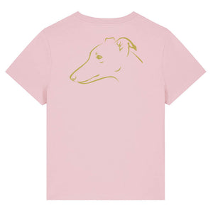 Gold outline illustration of the head of a Whippet on the back of a cotton pink ladies t-shirt