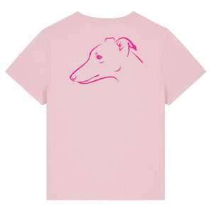 Magenta outline illustration of the head of a Whippet on the back of a cotton pink ladies t-shirt