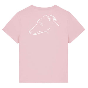 White outline illustration of the head of a Whippet on the back of a cotton pink ladies t-shirt