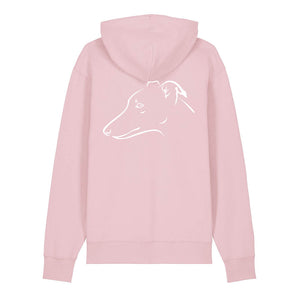 White outline illustration of the head of a Whippet on the back of a cotton pink unisex Hoodie