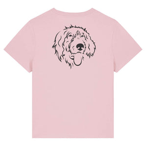 Black outline illustration of the head of a Wirehaired Pointer on the back of a cotton pink ladies t-shirt