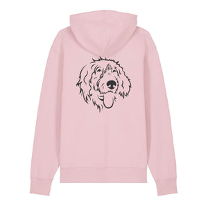 Black outline illustration of the head of a Wirehaired Pointer on the back of a cotton pink unisex Hoodie