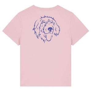 Blue outline illustration of the head of a Wirehaired Pointer on the back of a cotton pink ladies t-shirt