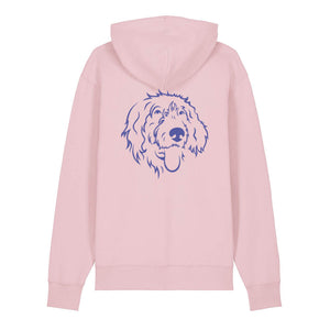 Blue outline illustration of the head of a Wirehaired Pointer on the back of a cotton pink unisex Hoodie