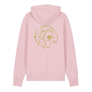 Gold outline illustration of the head of a Wirehaired Pointer on the back of a cotton pink unisex Hoodie