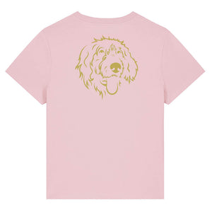 Gold outline illustration of the head of a Wirehaired Pointer on the back of a cotton pink ladies t-shirt