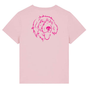 Magenta outline illustration of the head of a Wirehaired Pointer on the back of a cotton pink ladies t-shirt