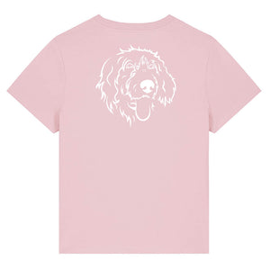 White outline illustration of the head of a Wirehaired Pointer on the back of a cotton pink ladies t-shirt