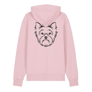 Black outline illustration of the head of a Yorkshire Terrier on the back of a cotton pink unisex Hoodie