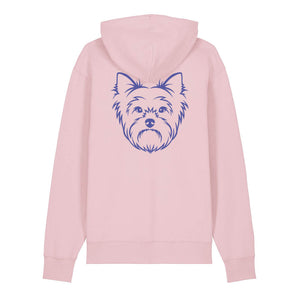 Blue outline illustration of the head of a Yorkshire Terrier on the back of a cotton pink unisex Hoodie